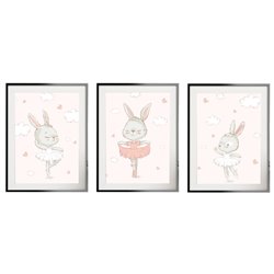 Zestaw 3 obrazków plakatów dla dzieci urocze pastelowe króliczki baletnice chmurki serduszka pixitex