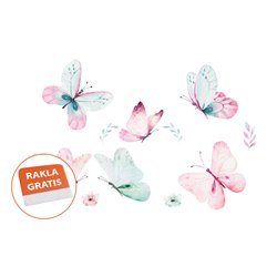 Naklejka na ścianę dla dzieci różowe niebieskie motyle motylki kwiatki listki pixitex