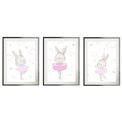 Zestaw 3 obrazków plakatów dla dzieci pastelowe króliczki baletnice chmurki gwiazdki pixitex