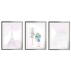 Zestaw 3 obrazków plakatów dla dzieci dziewczynka kraje podróże Paryż Rzym pixitex