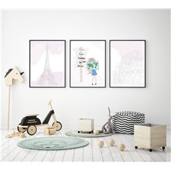 Zestaw 3 obrazków plakatów dla dzieci dziewczynka kraje podróże Paryż Rzym pixitex