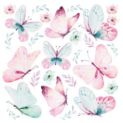 Naklejka na ścianę dla dzieci różowe niebieskie motyle motylki kwiatki listki pixitex