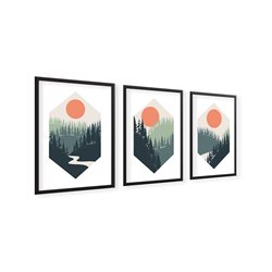 Zestaw 3 plakatów obrazków grafik plakat sześciokąty las rzeka  nowoczesne grafiki pixitex