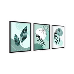 Zestaw 3 plakatów obrazków grafik plakat motyw roślinny liście paprocie miętowe nowoczesne grafiki pixitex
