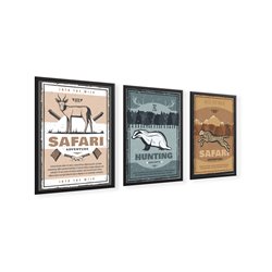 Zestaw 3 plakatów obrazków grafik plakat polowanie  safari hunting zwierzęta retro plakaty pixitex