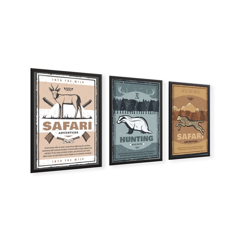 Zestaw 3 plakatów obrazków grafik plakat polowanie  safari hunting zwierzęta retro plakaty pixitex