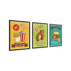 Zestaw plakatów grafik A3 do restauracji baru knajpy jedzenie frytki burger tacos retro plakat grafika pixitex