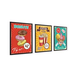 Zestaw plakatów grafik A3 do restauracji baru knajpy jedzenie popcorn donat lody retro plakat grafika pixitex