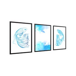 Zestaw 3 plakatów obrazków grafik line art niebieskie ryby akwarela pixitex