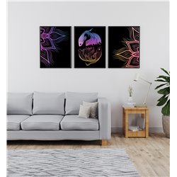 Zestaw 3 plakatów obrazków grafik kolorowe ryby czarne tło mandala boho line art pixitex