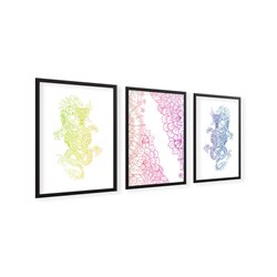 Zestaw 3 plakatów obrazków grafik kolorowe smoki mandala kwiaty line art pixitex