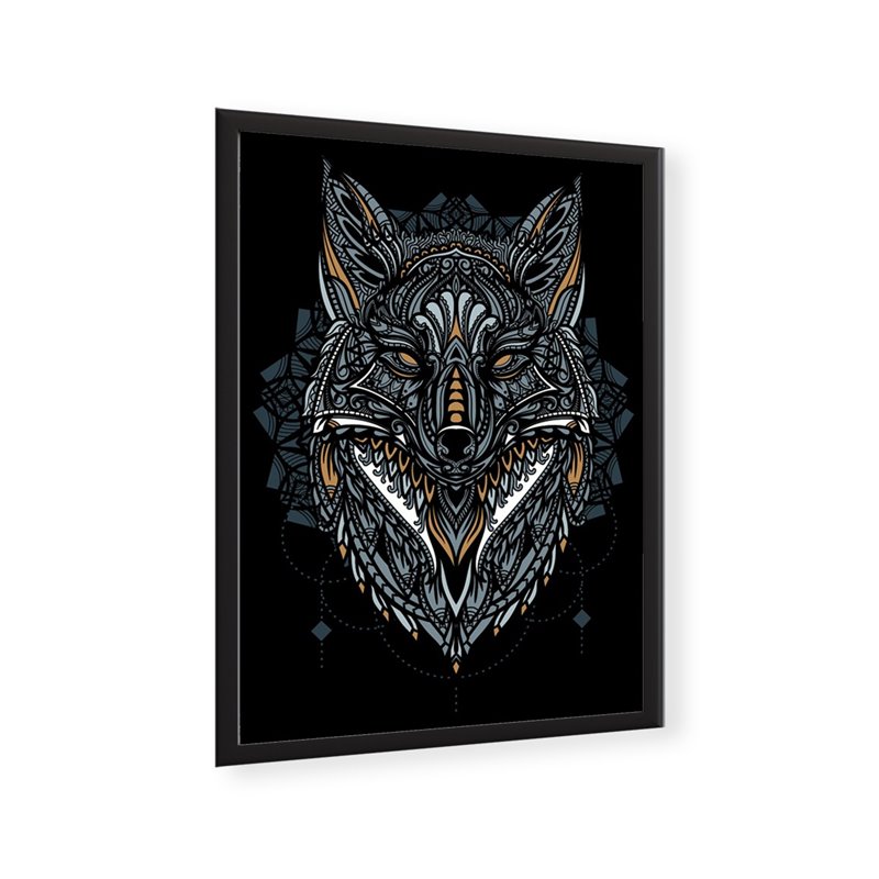 Plakat grafika dekoracyjna na ścianę boho wilk na czarnym tle line art wektor grafika pixitex