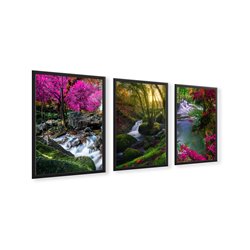 Zestaw 3 plakatów obrazków grafik las drzewa rzeka różowe kwiaty tryptyk pixitex
