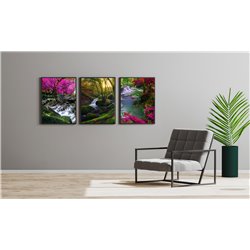 Zestaw 3 plakatów obrazków grafik las drzewa rzeka różowe kwiaty tryptyk pixitex