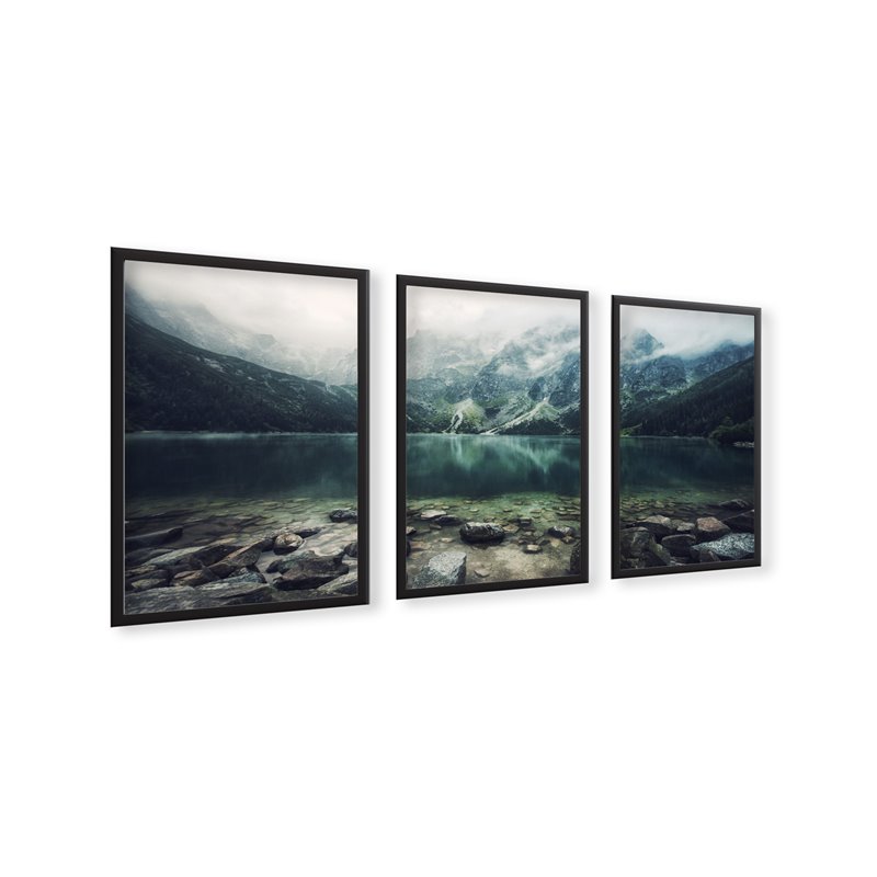 Zestaw 2 plakatów obrazków grafik dekoracyjnych plakat jezioro kamienista plaża góry las we mgle  pixitex