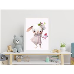 Plakat grafika obrazek dla dzieci króliczek z babeczką kwiaty pixitex