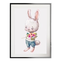 Plakat grafika obrazek dla dzieci króliczek z kwiatami kwiatki pixitex