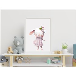 Plakat grafika obrazek dla dzieci słodki pastelowy króliczek z kwiatkami na głowie pixitex