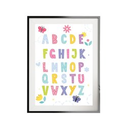 Plakat grafika obrazek dla dzieci kolorowy alfabet kwiatki motylki pixitex
