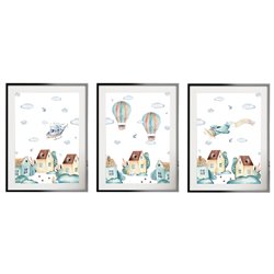 Zestaw 3 obrazków plakatów dla dzieci domki samoloty balony miasteczko pixitex