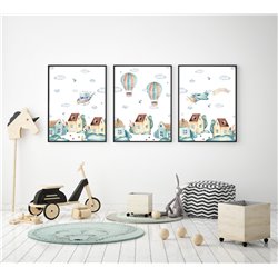 Zestaw 3 obrazków plakatów dla dzieci domki samoloty balony miasteczko pixitex