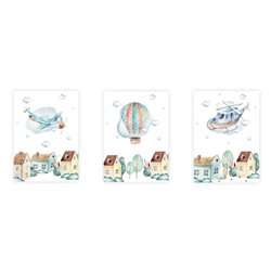 Zestaw 3 obrazków plakatów dla dzieci pastelowe miasteczko samoloty balony domki pixitex