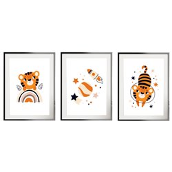 Zestaw 3 obrazków plakatów dla dzieci tygryski tygrys kosmos astronauta pixitex
