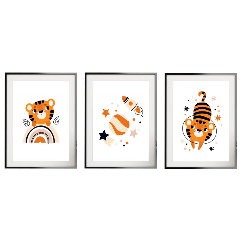 Zestaw 3 obrazków plakatów dla dzieci tygryski tygrys kosmos astronauta pixitex