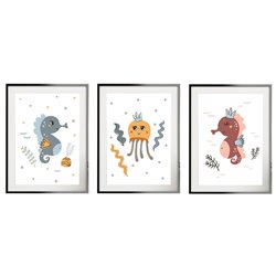 Zestaw 3 obrazków plakatów dla dzieci morskie zwierzęta meduza konik wodny pixitex
