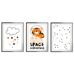 Zestaw 3 obrazków plakatów dla dzieci tygrys astronauta chmurki gwiazdki pixitex