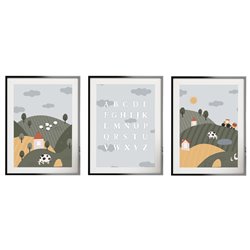 Zestaw 3 obrazków plakatów dla dzieci farma traktor domki zwierzątka alfabet pixitex
