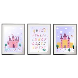 Zestaw 3 obrazków plakatów dla dzieci zamek wróżki smok księżniczki jednorożce alfabet pixitex