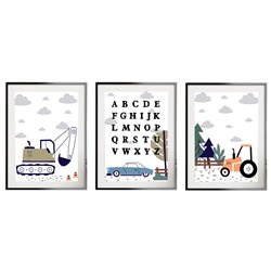 Zestaw 3 obrazków plakatów dla dzieci pastelowe plakaty koparka samochód traktor alfabet pixitex