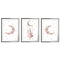 Zestaw 3 obrazków plakatów dla dzieci pastelowy króliczek huśtawka księżyc piwonie gwiazdki pixitex
