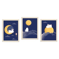 Zestaw 3 obrazków plakatów dla dzieci króliczki na chmurkach księżyc baloniki pixitex