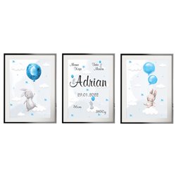 Metryczka zestaw 3 plakatów dla dzieci króliczki balony prezent na chrzciny urodziny pixitex