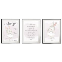Metryczka zestaw 3 plakatów personalizowanych dla dzieci słodkie pastelowe króliczki plakat z imieniem pixitex