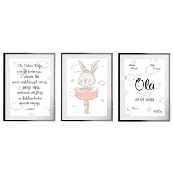 Metryczka zestaw 3 plakatów personalizowanych dla dzieci królik króliczek balerina chmurki serduszka pixitex