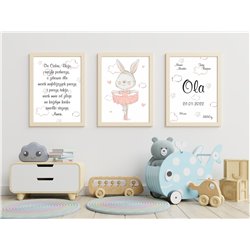 Metryczka zestaw 3 plakatów personalizowanych dla dzieci królik króliczek balerina chmurki serduszka pixitex