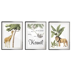 Metryczka zestaw plakatów personalizowanych dla dzieci plakaty prezent na chrzest urodziny zwierzątka dżungla żyrafa pixitex