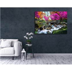 Obraz na płótnie canvas duży 120x80 wodospad pomarańczowe różowe drzewa kamienie las pixitex