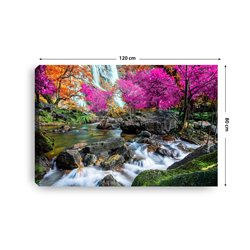 Obraz na płótnie canvas duży 120x80 wodospad pomarańczowe różowe drzewa kamienie las pixitex