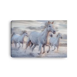 Obraz na płótnie canvas duży 120x80 białe konie w galopie woda niebo pixitex