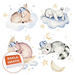 Naklejka na ścianę dla dzieci śpiące zwierzątka chmurki króliczek sarenka niedźwiadek pixitex