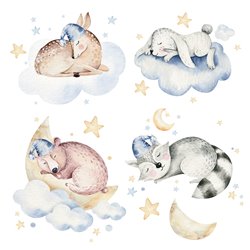 Naklejka na ścianę dla dzieci śpiące zwierzątka chmurki króliczek sarenka niedźwiadek pixitex