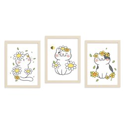 Zestaw 3 grafik obrazków plakatów plakat plakaty dla dzieci koty kotki kwiatuszki pszczółki pixitex