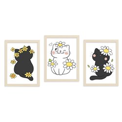 Zestaw grafik obrazków plakatów plakat dla dzieci czarne koty kwiatki motyle żółte stokrotki pixitex