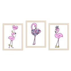 Zestaw 3 obrazków plakatów dla dzieci różowe flamingi różowe kwiaty balony korona pixitex