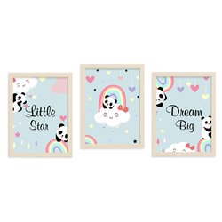 Zestaw 3 obrazków plakatów dla dzieci pandy tęcza chmurki serduszka plakat dla dziewczynki pixitex
