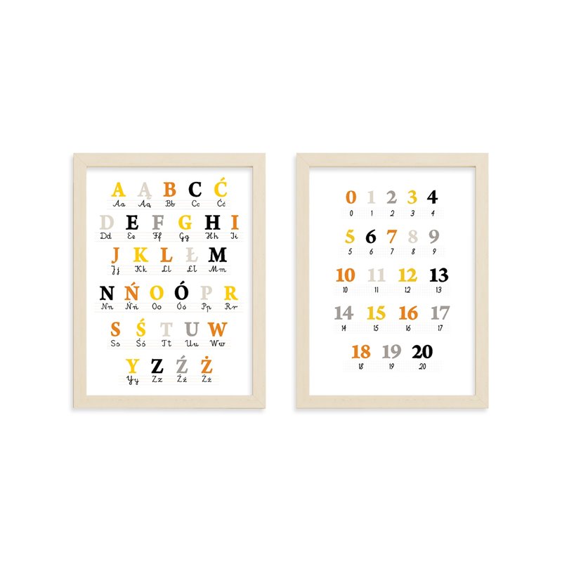 Zestaw 3 obrazków plakatów dla dzieci alfabet cyfry kolorowe edukacyjne plakaty pixitex